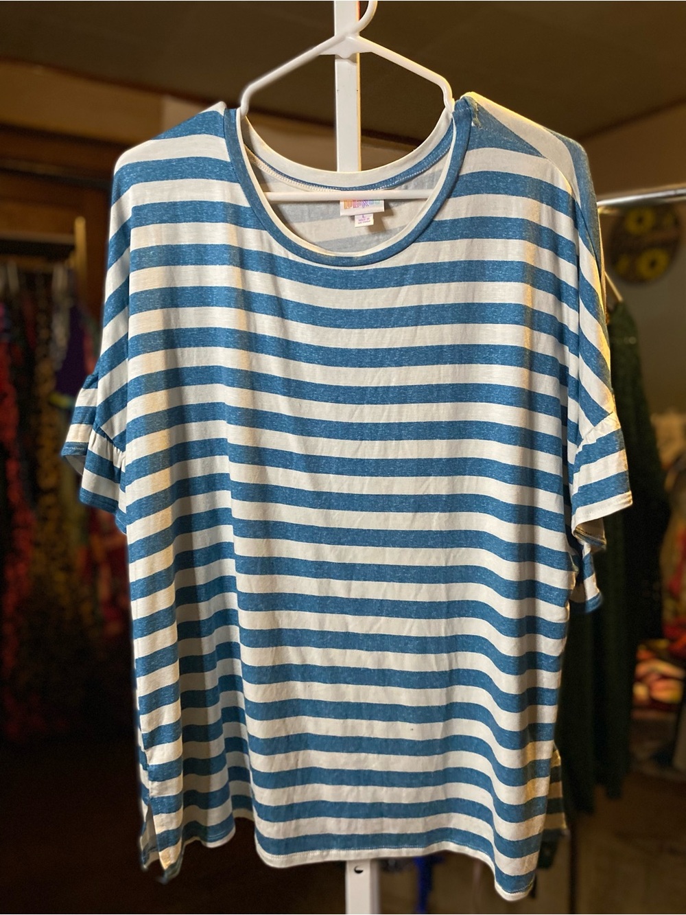 LuLaRoe Blue and White Striped Short Sleeve Tee